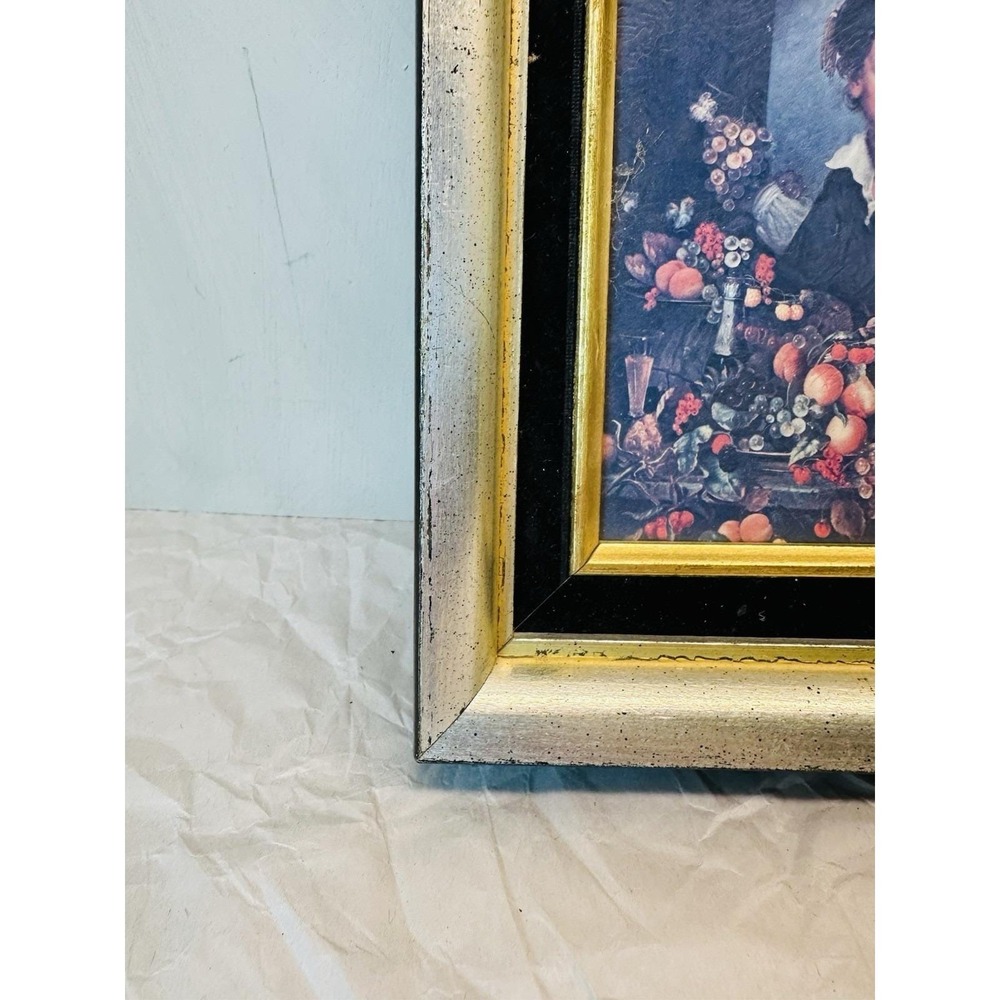vintage 1970s silver leaf framed 'boy with still life' lithograph 8x7 - Picture 7 of 10
